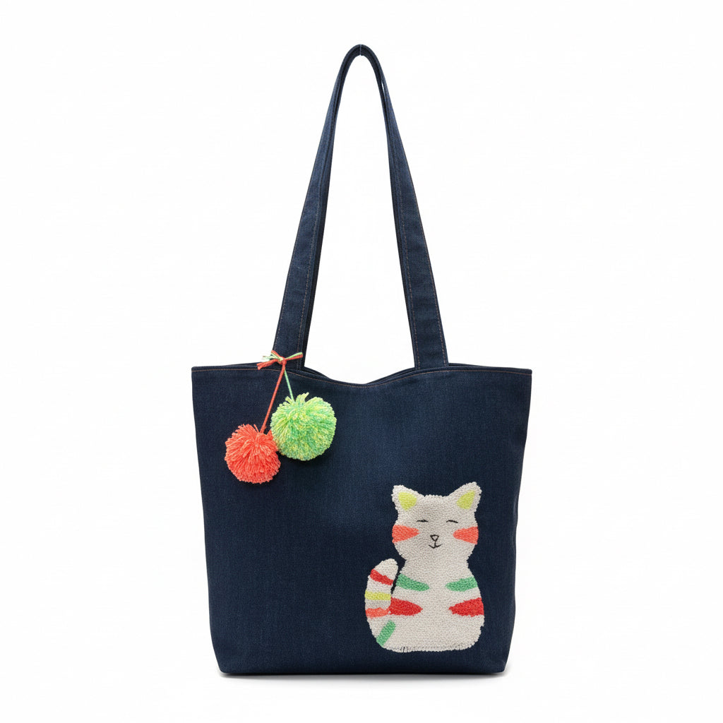 Denim Handbag with Pom-Poms & Cute Cat Embroidery