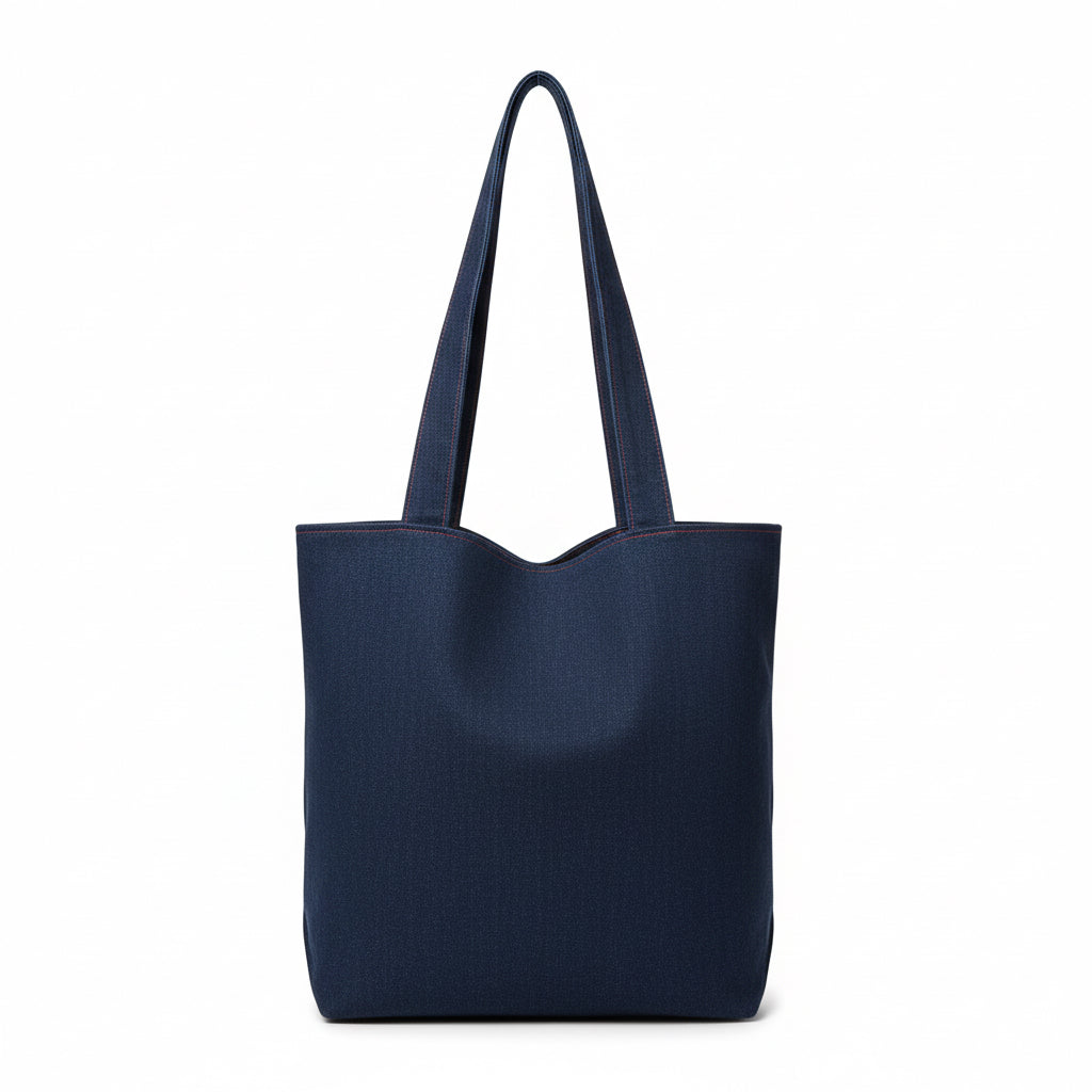 Denim Handbag with Pom-Poms & Cute Cat Embroidery