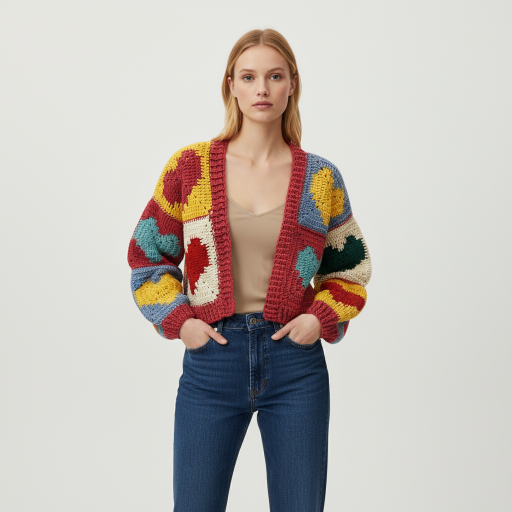 Colorful Heart Patch Crochet Cardigan
