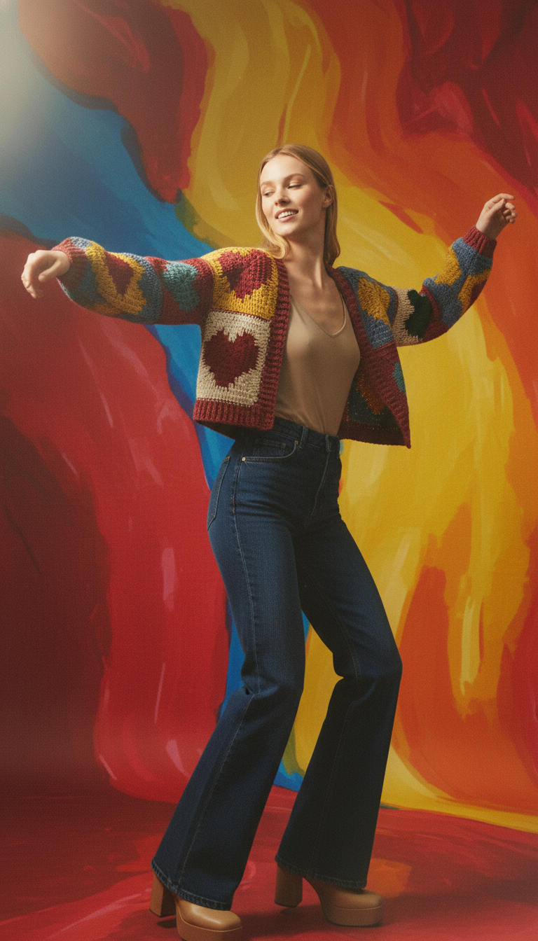 Renkli Kalp Desenli El Yapımı Tığ İşi Hırka