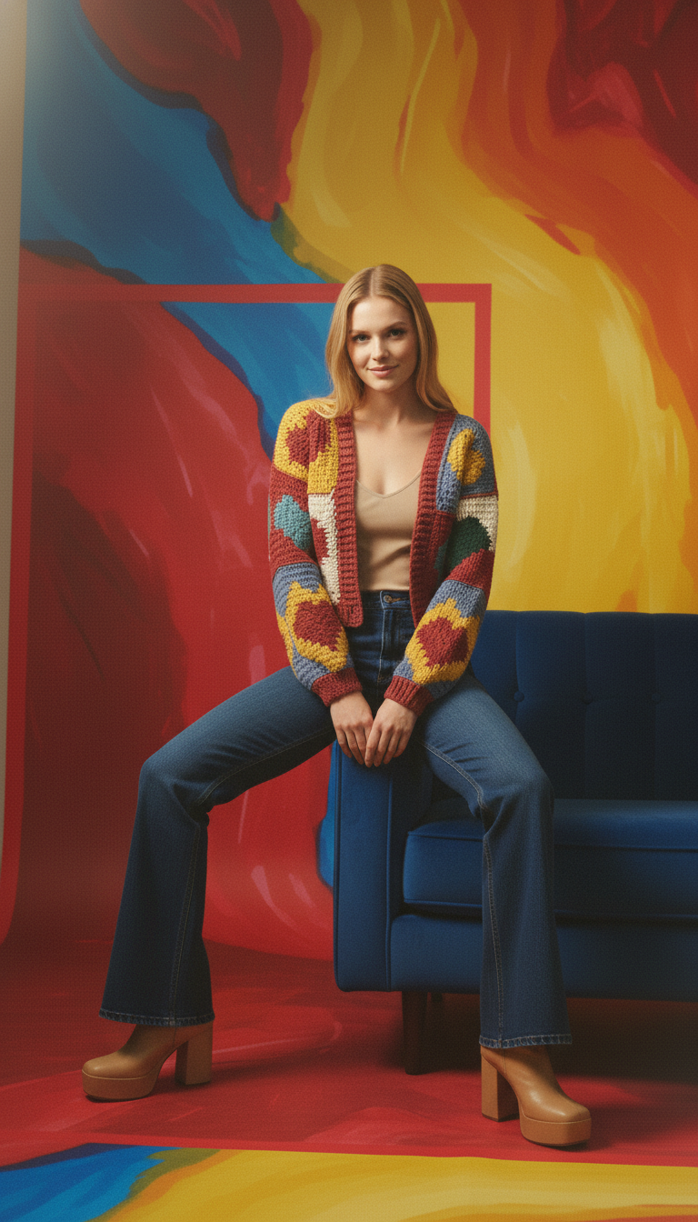 Renkli Kalp Desenli El Yapımı Tığ İşi Hırka