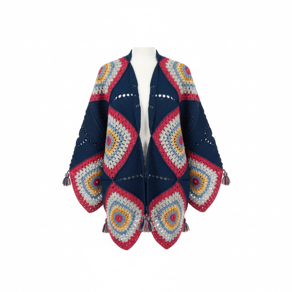 Handmade Crochet Boho Cardigan – Multicolor Geometric Pattern