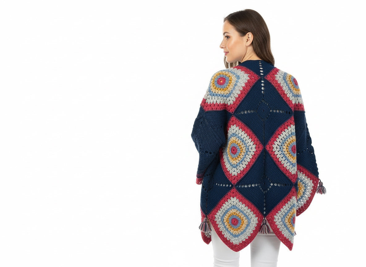 Handmade Crochet Boho Cardigan – Multicolor Geometric Pattern