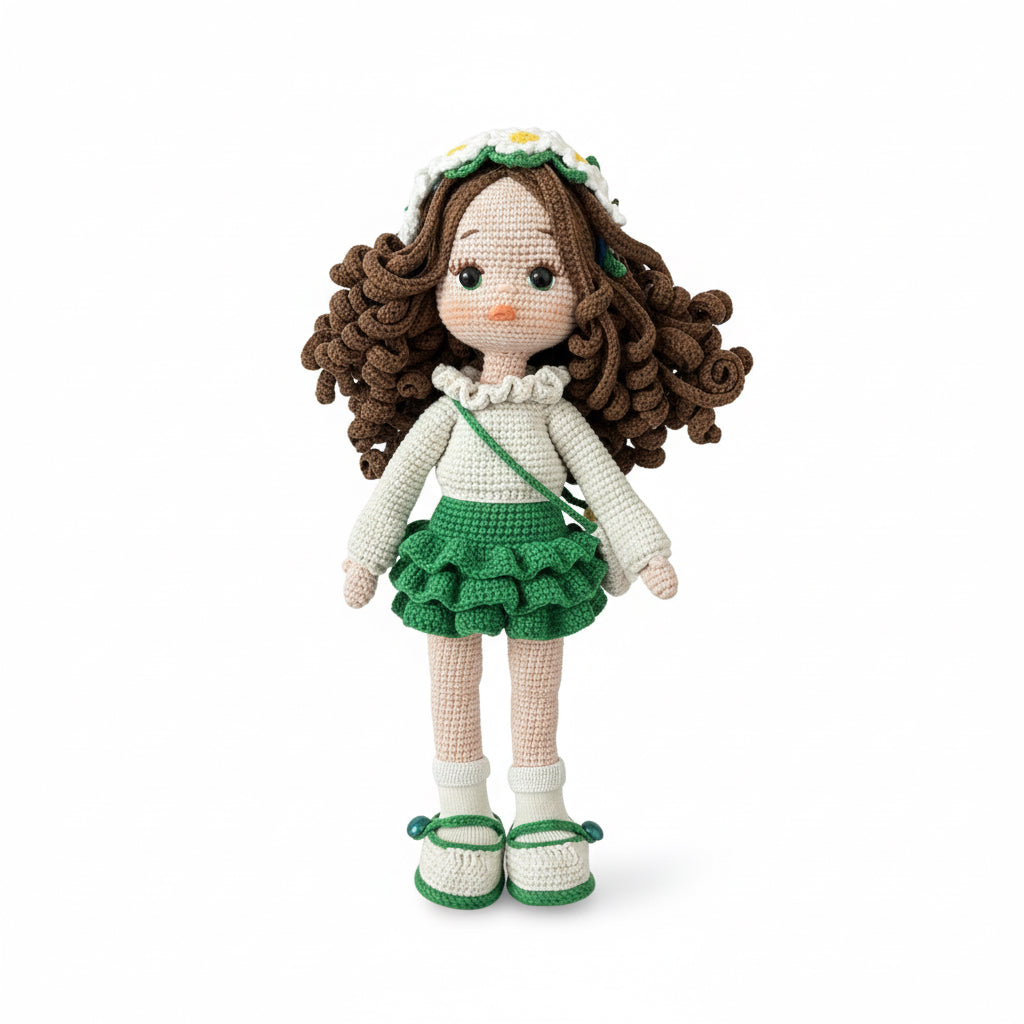 El Yapımı Örgü Kız Bebek – Yeşil Etekli Papatya Tacı ile