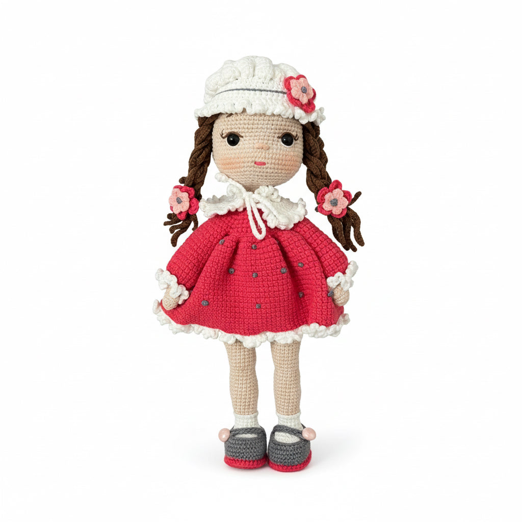 El Yapımı Örgü Kız Bebek – Kırmızı Elbiseli