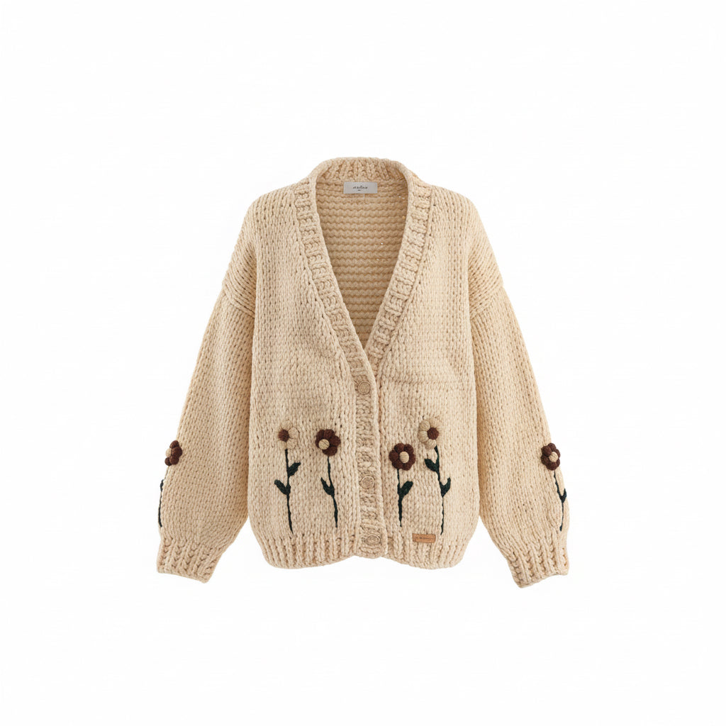 Beige Flower Embroidered Chunky Knit Cardigan