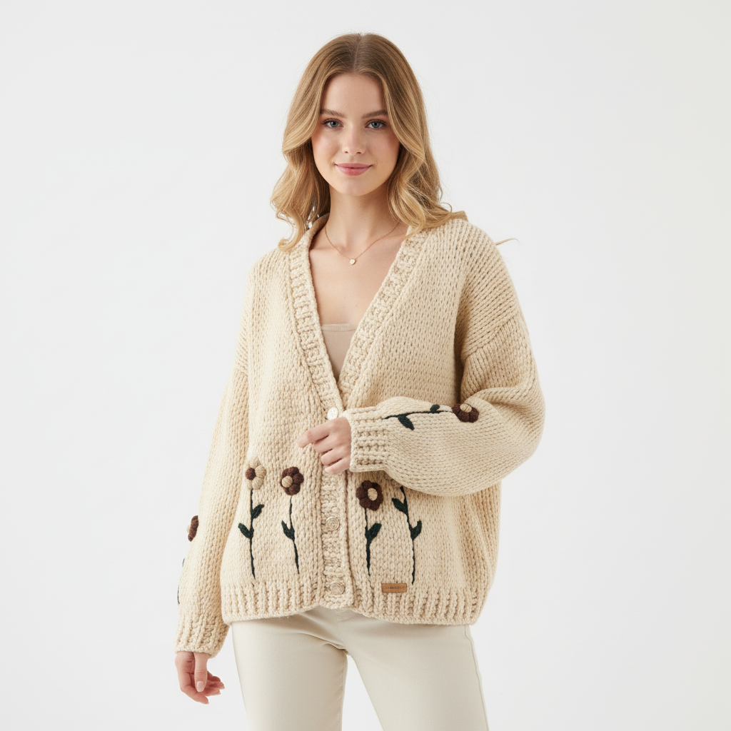 Beige Flower Embroidered Chunky Knit Cardigan