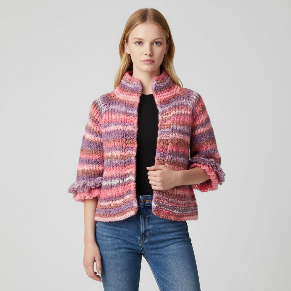 El Yapımı Kalın Örgü Hırka – Pembe & Lila Uyumu