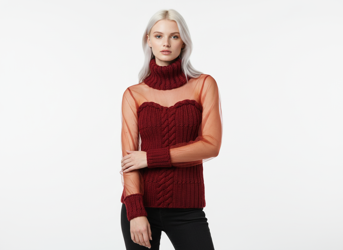 Burgundy Knit Sweater with Sheer Sleeves