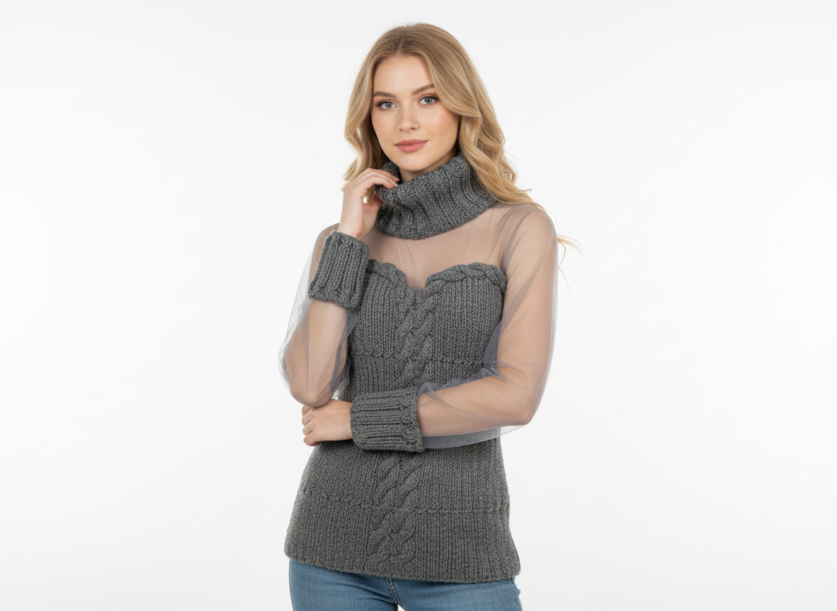 Grey Knitted Sweater with Sheer Sleeves