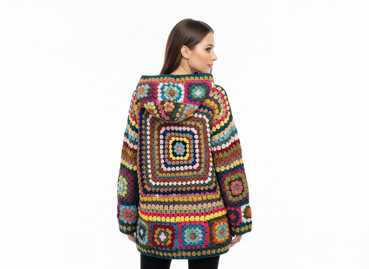 Handmade Crochet Hooded Patchwork Cardigan