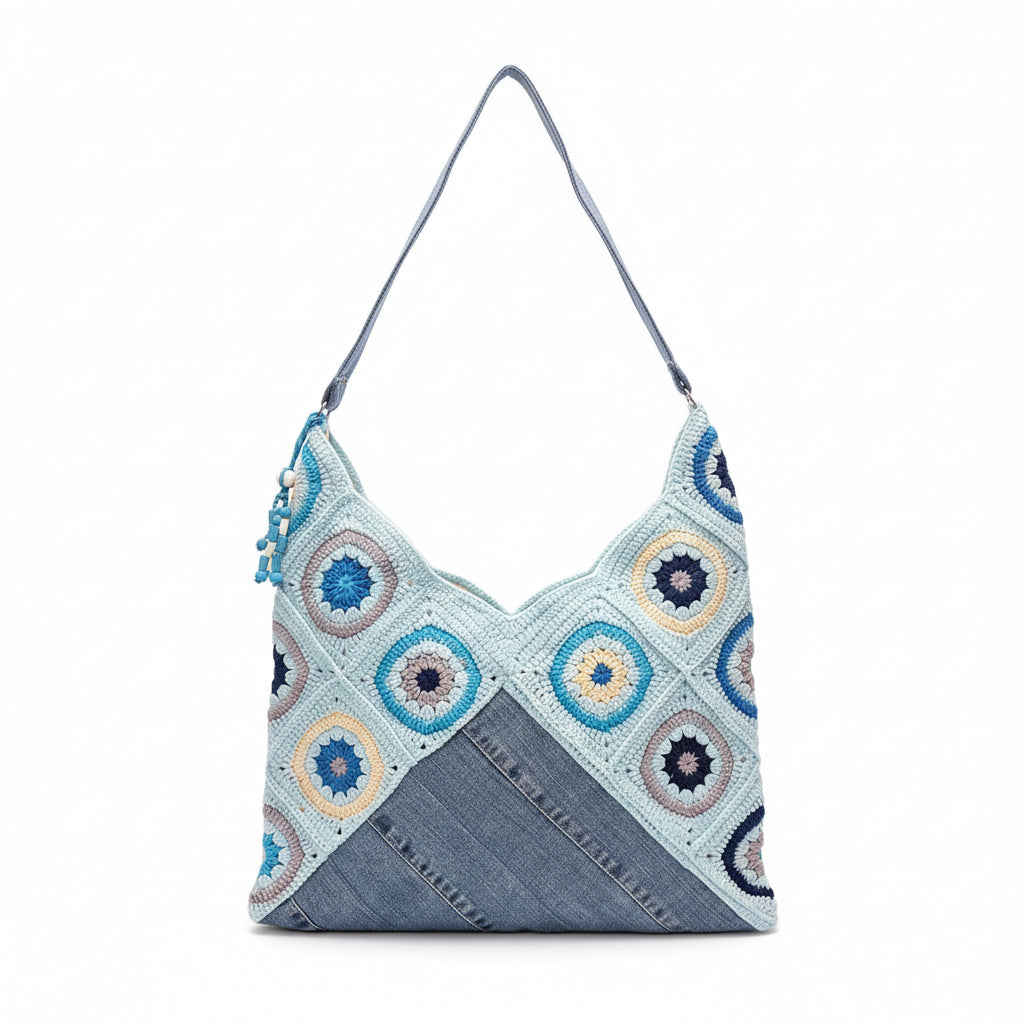 Denim Patch Crochet Shoulder Bag