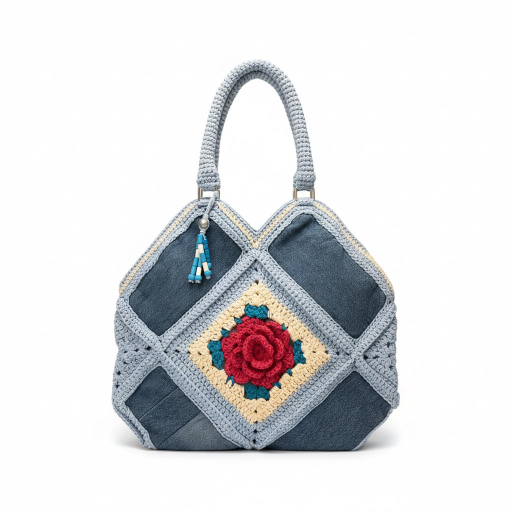 Gül Motifli Denim El Örgüsü Tote Çanta