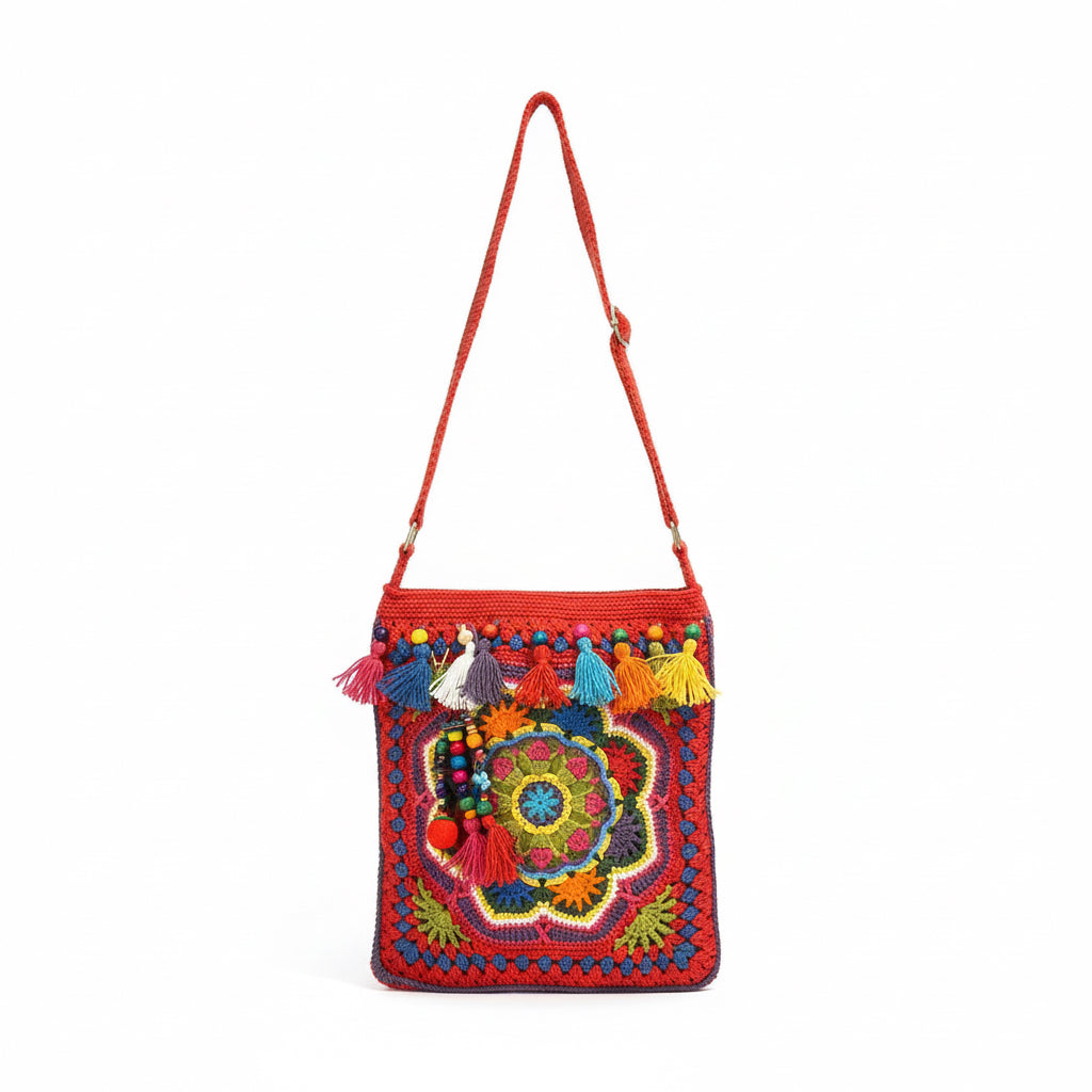 oho Crochet Shoulder Bag with Tassels | Handmade Knitted Crossbody Purse