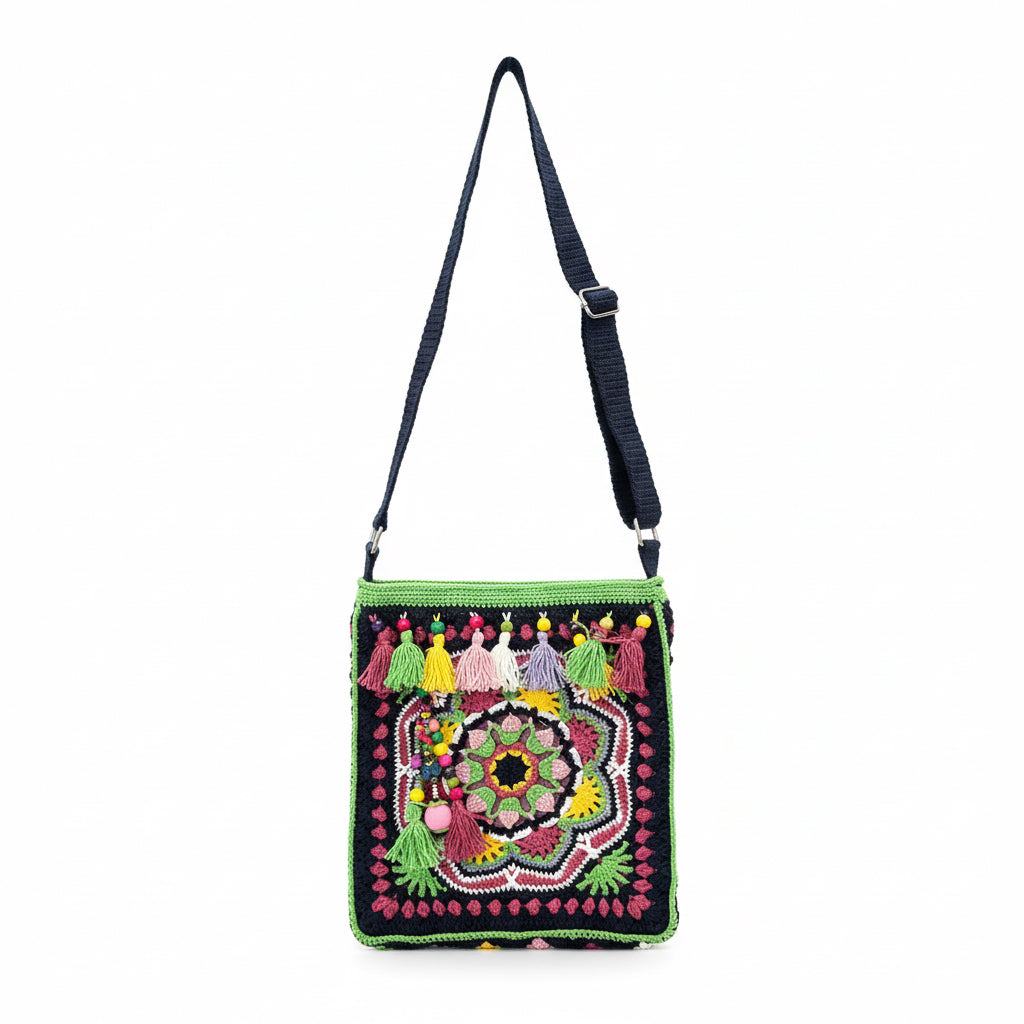 oho Crochet Shoulder Bag with Tassels | Handmade Knitted Crossbody Purse