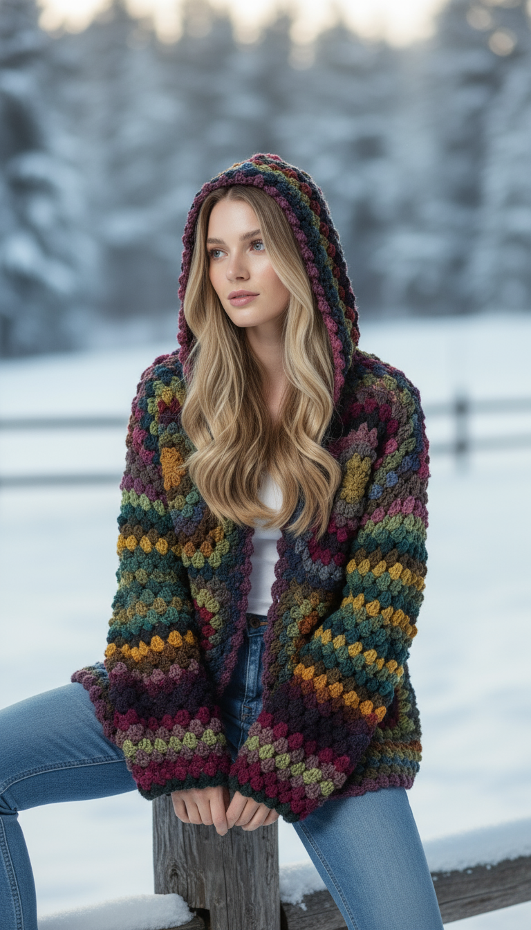 Handmade Crochet Hooded Cardigan | Multicolor