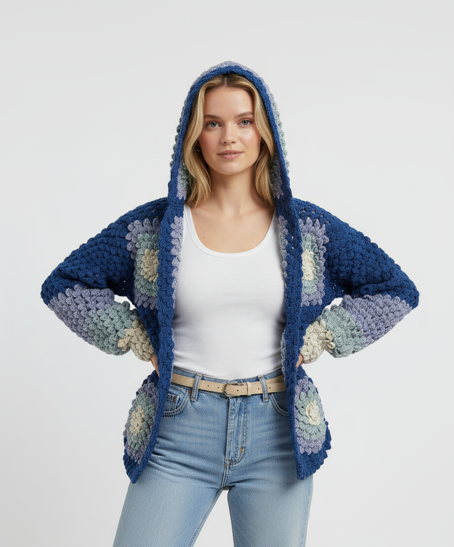 Handmade Crochet Hooded Cardigan | Blue Tones