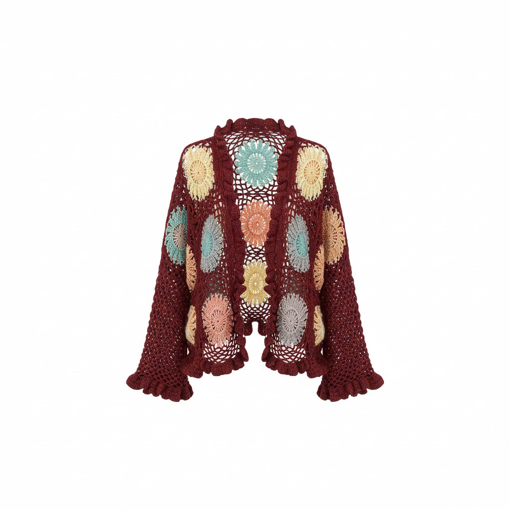 Handmade Crochet Burgundy Cardigan with Pastel Floral Motifs