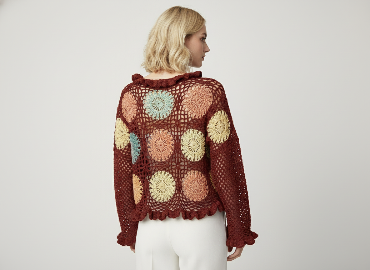 Handmade Crochet Burgundy Cardigan with Pastel Floral Motifs