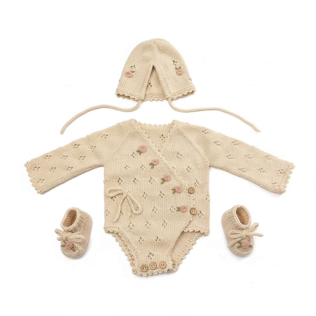 Handmade 3-Piece Baby Set – Cream Crochet Bodysuit, Hat & Booties