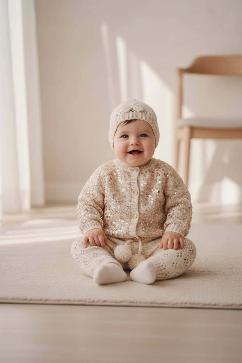 Handmade Sparkling 3-Piece Baby Set – Sequin Cardigan, Hat & Pants