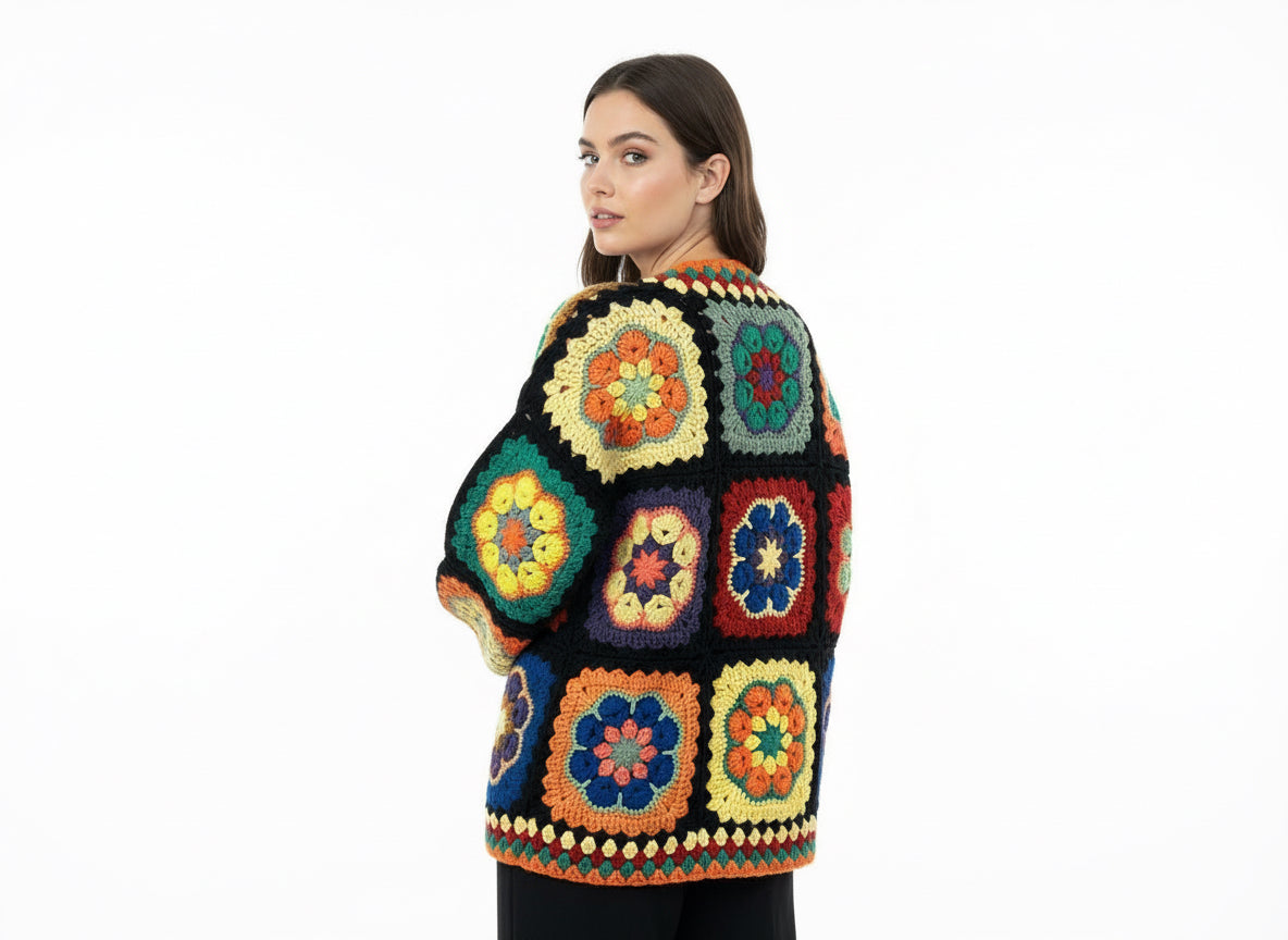 Handmade Multicolor Crochet Jacket – Retro Floral Pattern