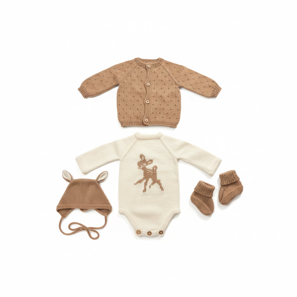 Handmade 4-Piece Baby Set – Deer Pattern Romper, Cardigan, Hat & Booties