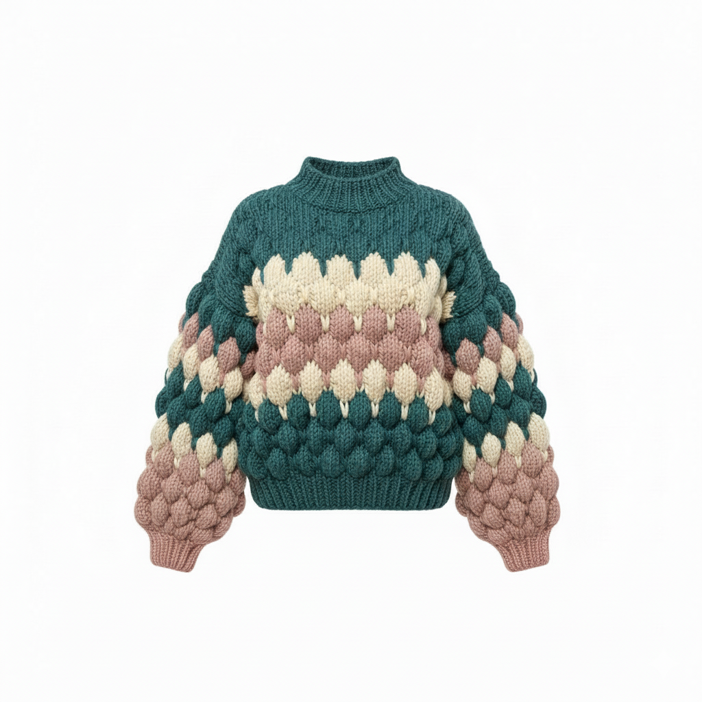 Bubble Textured Hand-Knitted Sweater with Balloon Sleeves