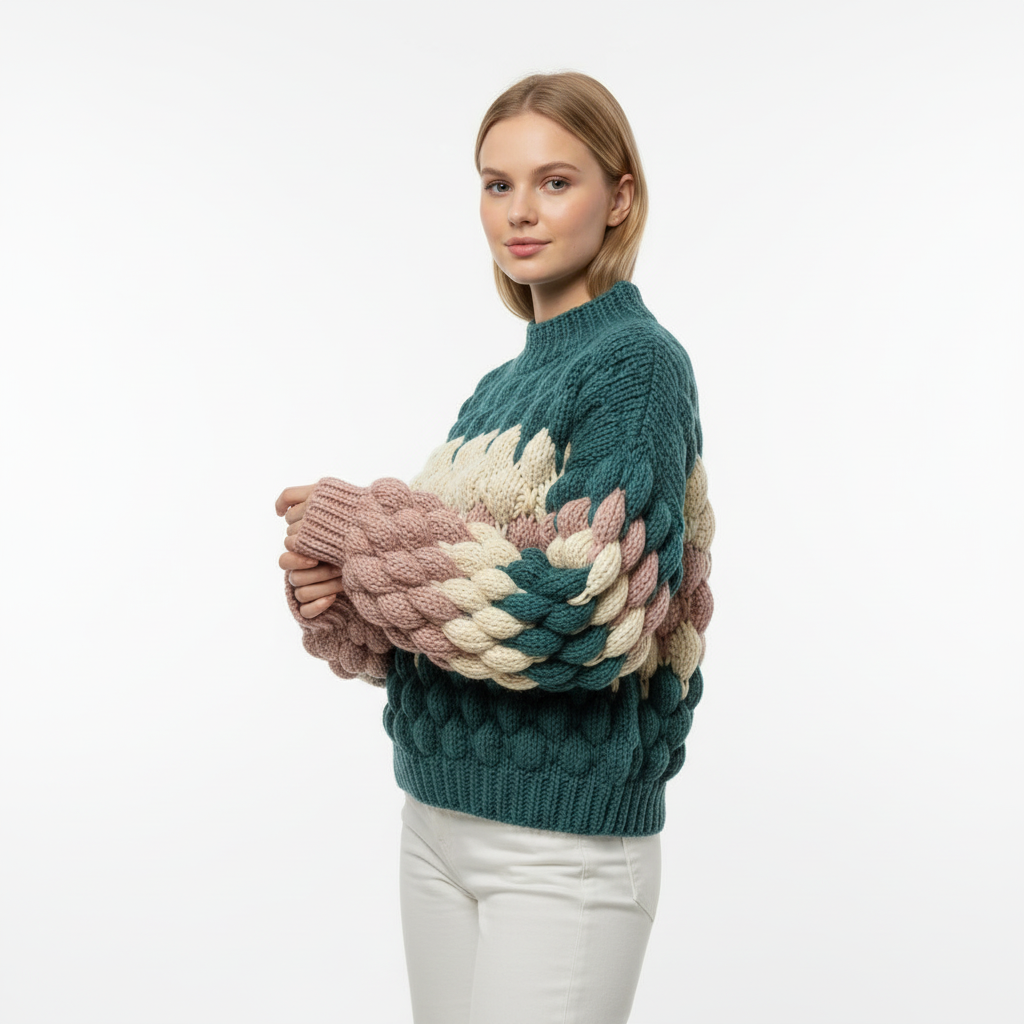 Bubble Textured Hand-Knitted Sweater with Balloon Sleeves