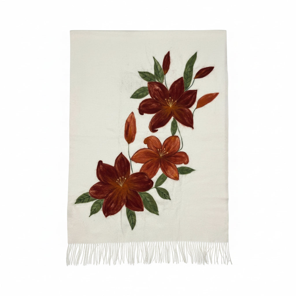 Bej Şal – Bordo Çiçek Desenli Yün Üzerine Keçe Boyama