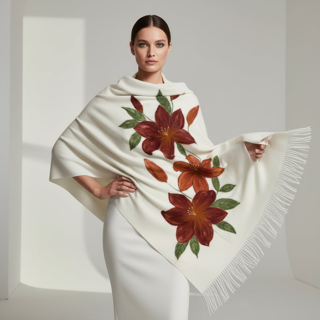 Bej Şal – Bordo Çiçek Desenli Yün Üzerine Keçe Boyama