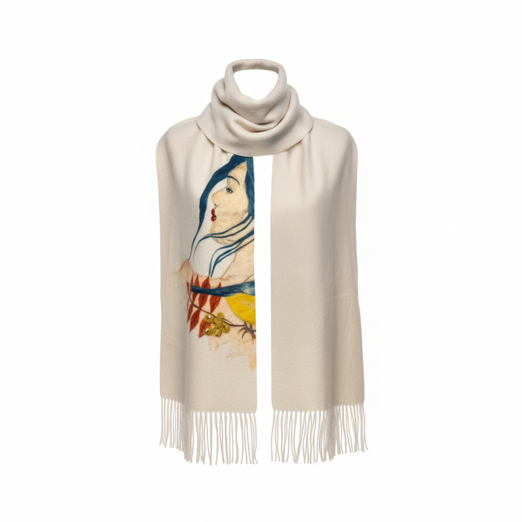 Beige Shawl with Wool Felt Painting – Woman Portrait Design