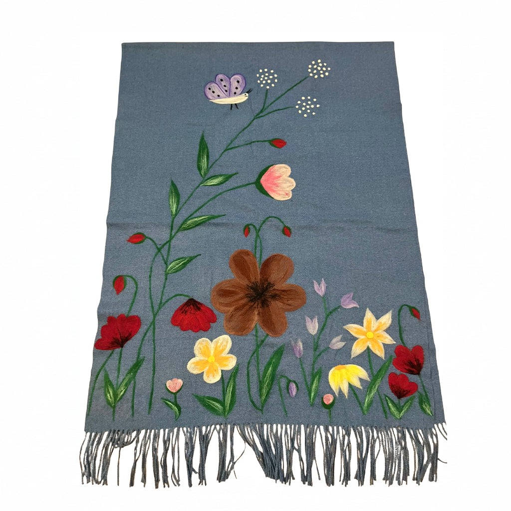 Gri-Mavi Şal – Çiçek Desenli Yün Üzerine Keçe Boyama