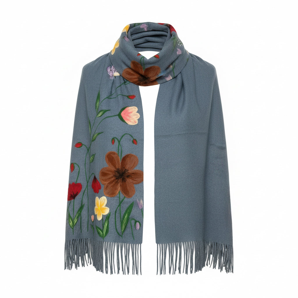 Gri-Mavi Şal – Çiçek Desenli Yün Üzerine Keçe Boyama