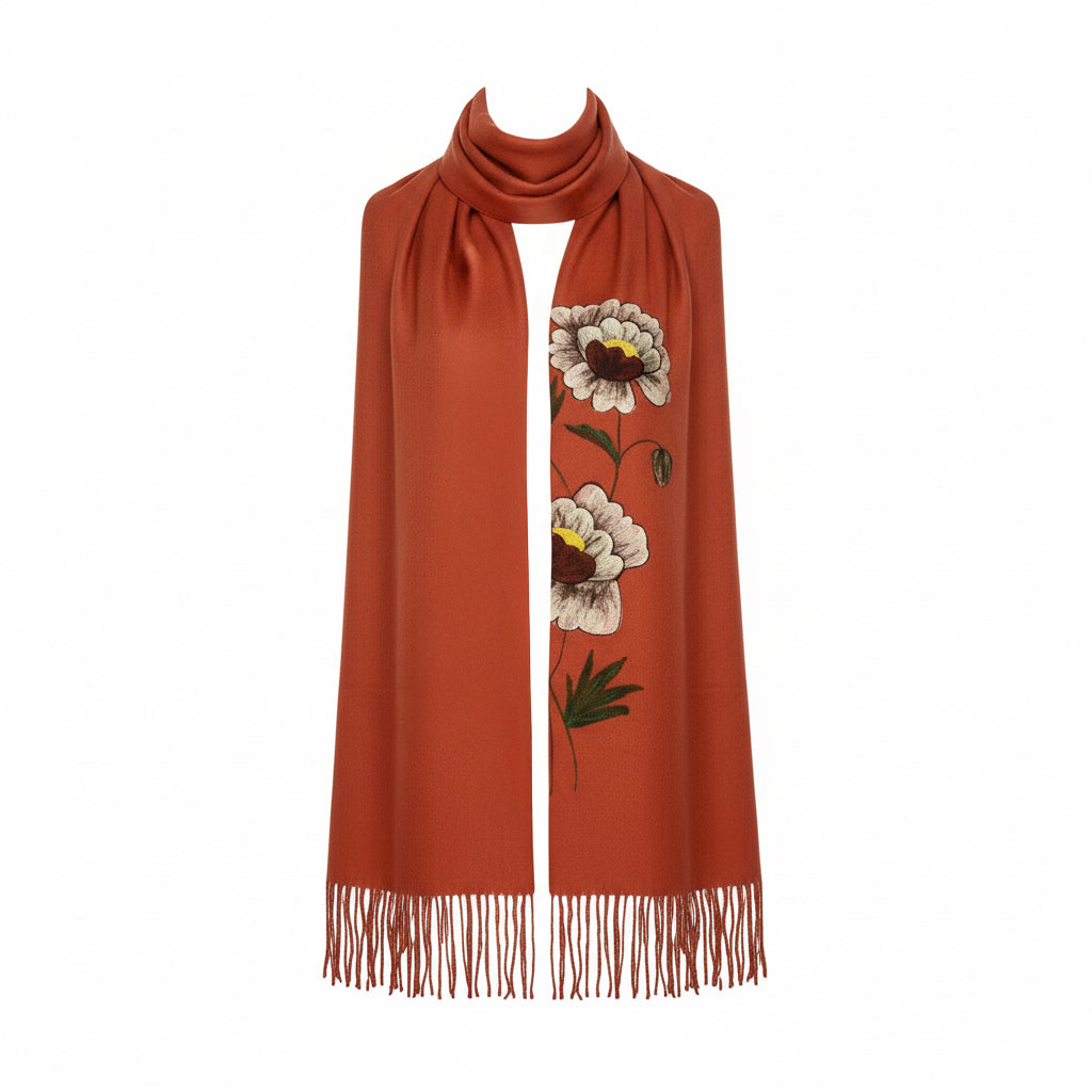 Turuncu Şal – Çiçek Desenli Yün Üzerine Keçe Boyama