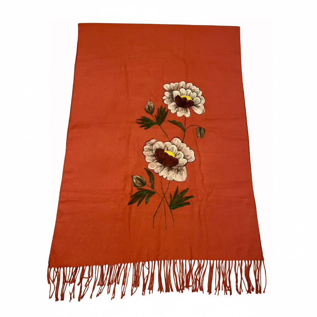 Turuncu Şal – Çiçek Desenli Yün Üzerine Keçe Boyama