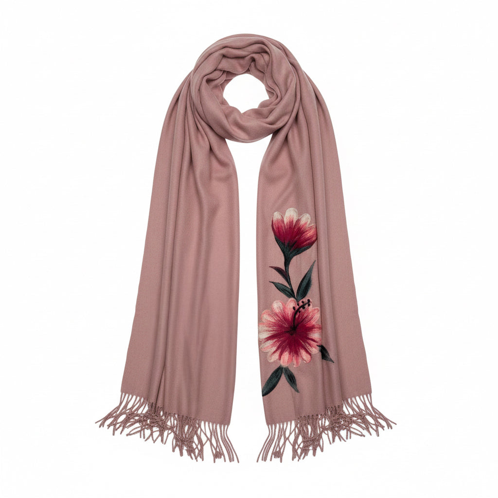 Toz Pembe Şal – Çiçek Desenli Yün Üzerine Keçe Boyama