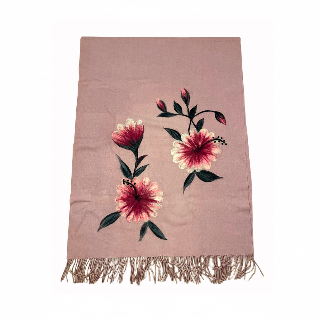 Toz Pembe Şal – Çiçek Desenli Yün Üzerine Keçe Boyama