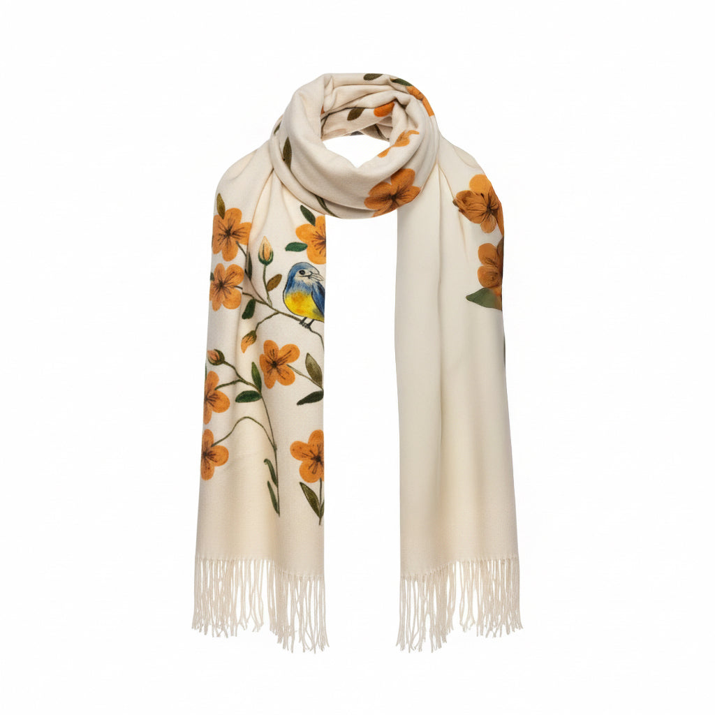 Bej Şal – Çiçek ve Kuş Desenli Yün Üzerine Keçe Boyama