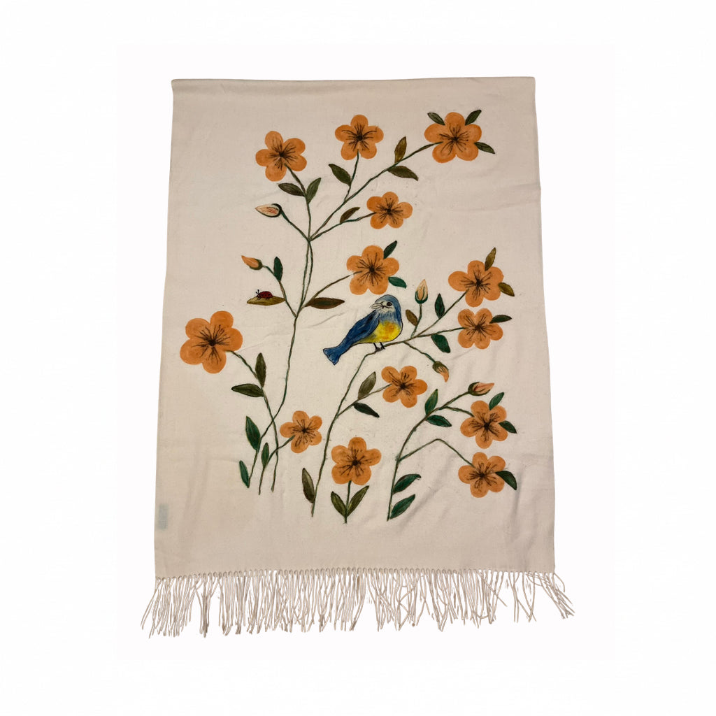 Bej Şal – Çiçek ve Kuş Desenli Yün Üzerine Keçe Boyama