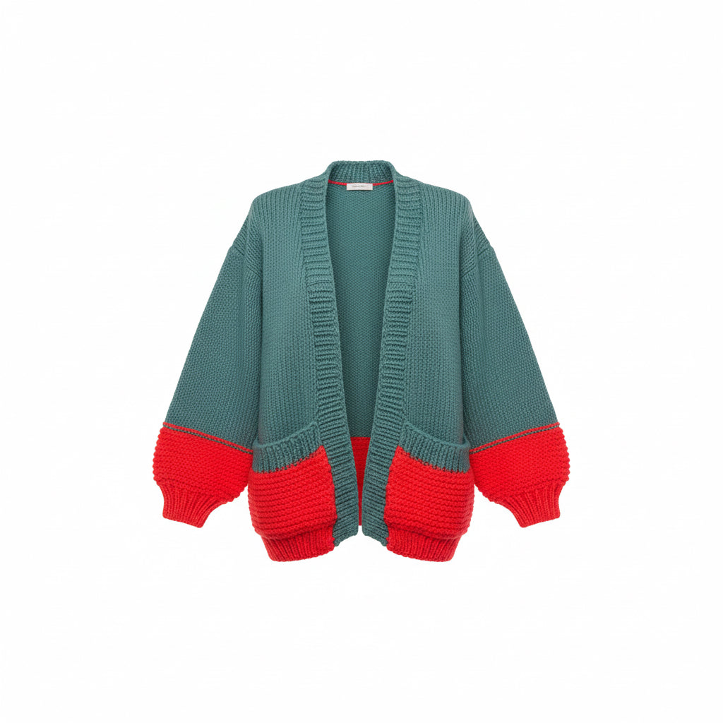 Colorblock Cozy Knit Cardigan – Teal & Red Contrast