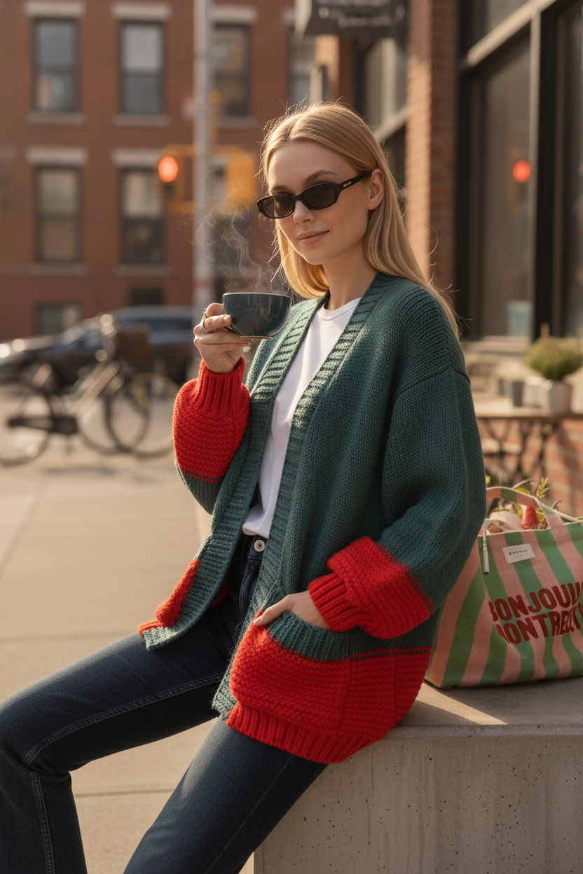 Colorblock Cozy Knit Cardigan – Teal & Red Contrast