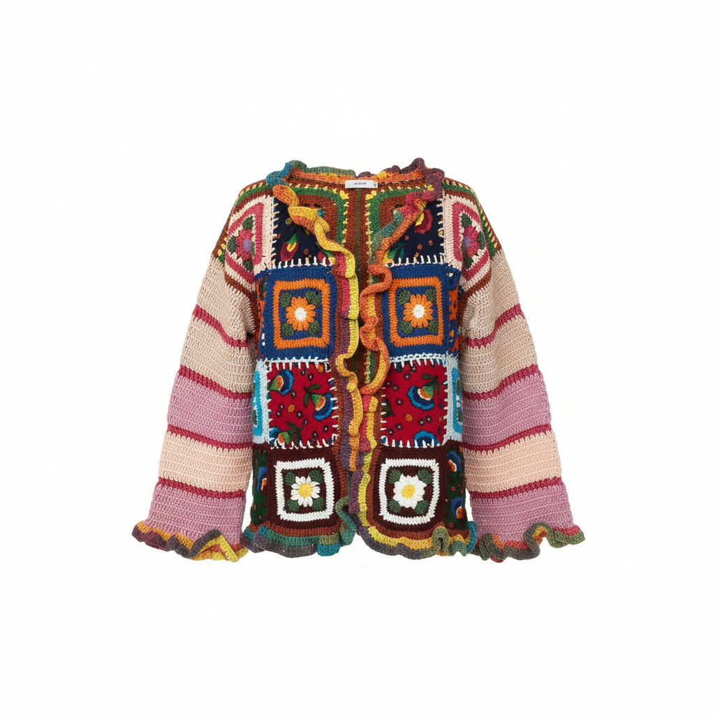 Color-Block Crochet Boho Cardigan with Ruffle Edges