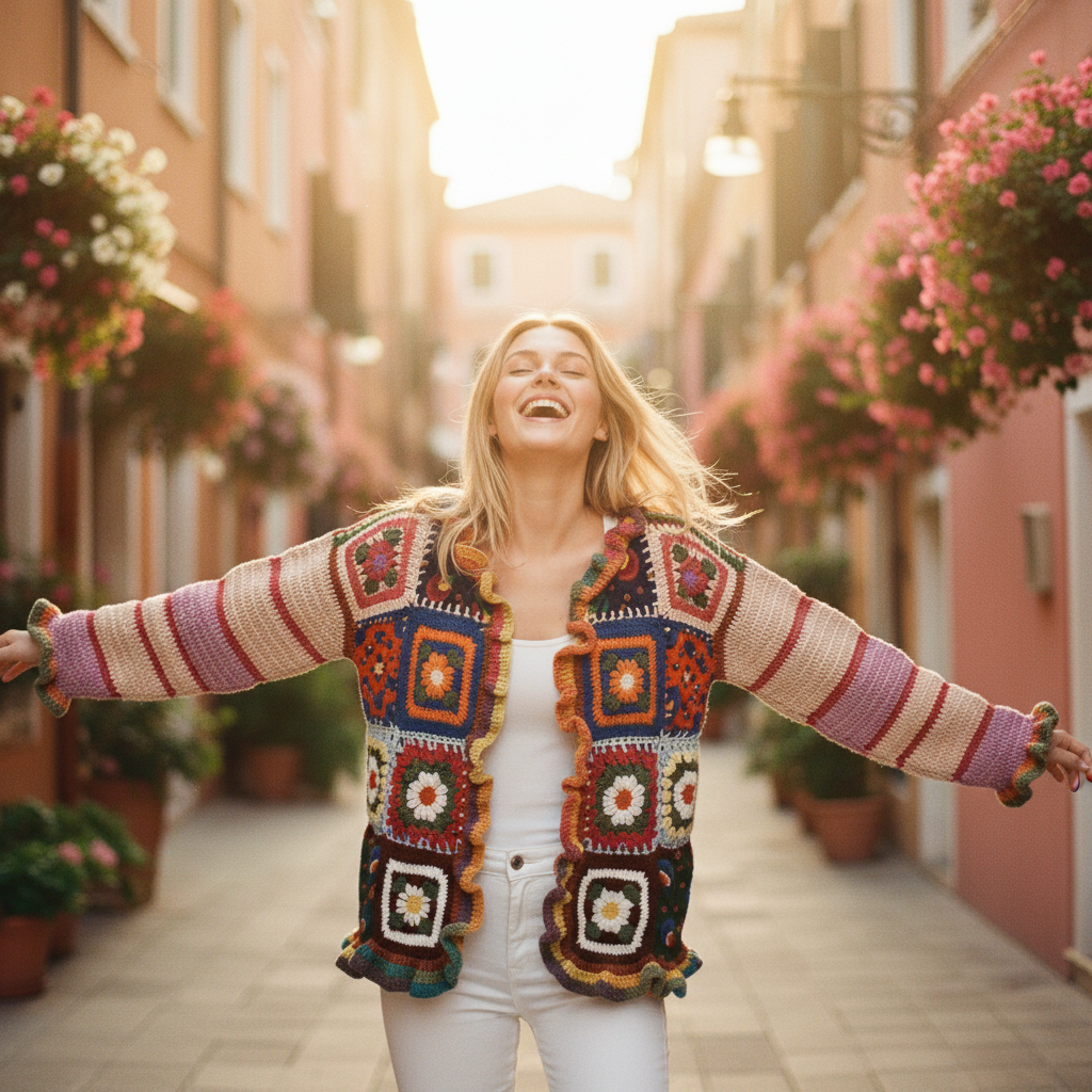 Renk Bloklu Boho Örgü Hırka – Fırfırlı Kenar Detaylı