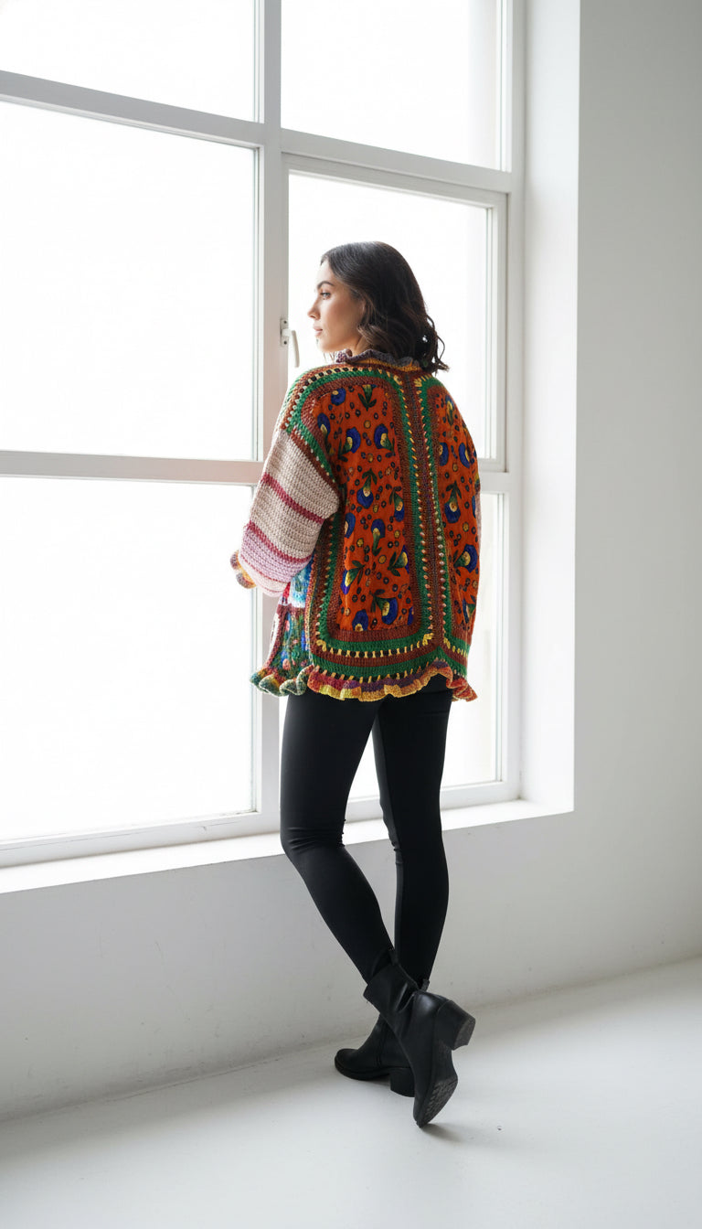 Color-Block Crochet Boho Cardigan with Ruffle Edges