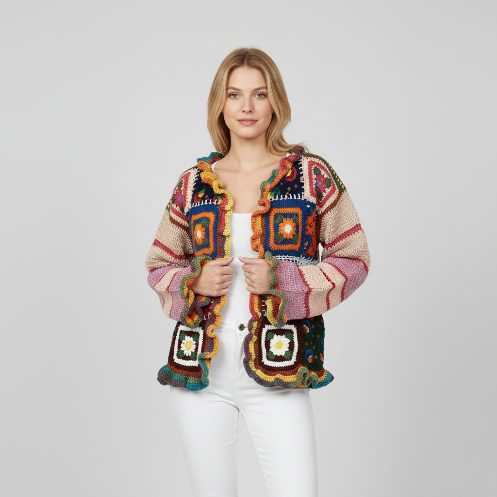 Color-Block Crochet Boho Cardigan with Ruffle Edges