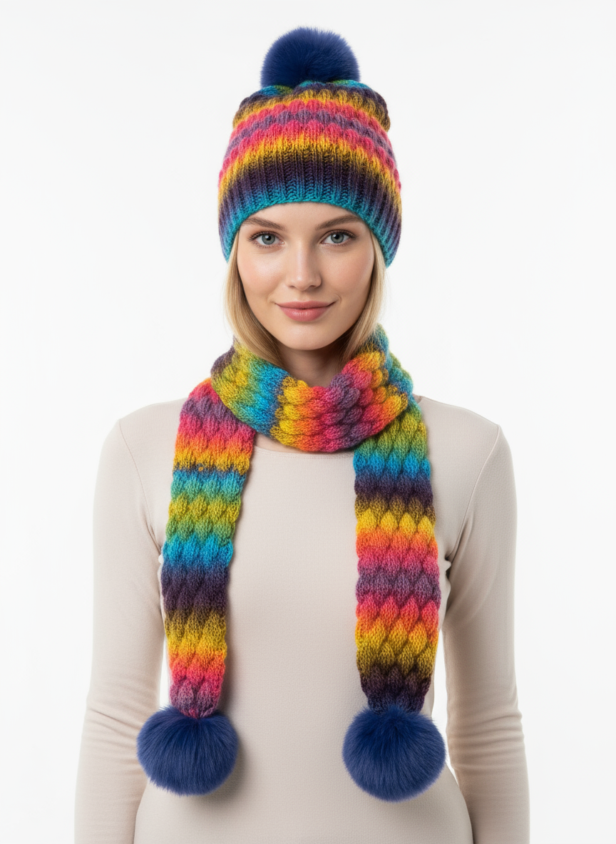 Colorful Hand-Knitted Hat & Scarf Set