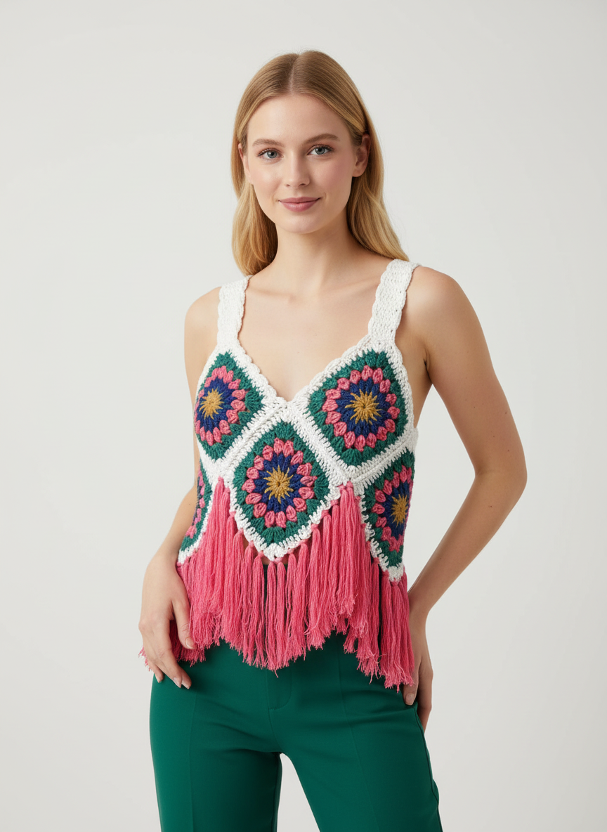 Handmade Crochet Crop Top | Colorful Boho Fringe Design