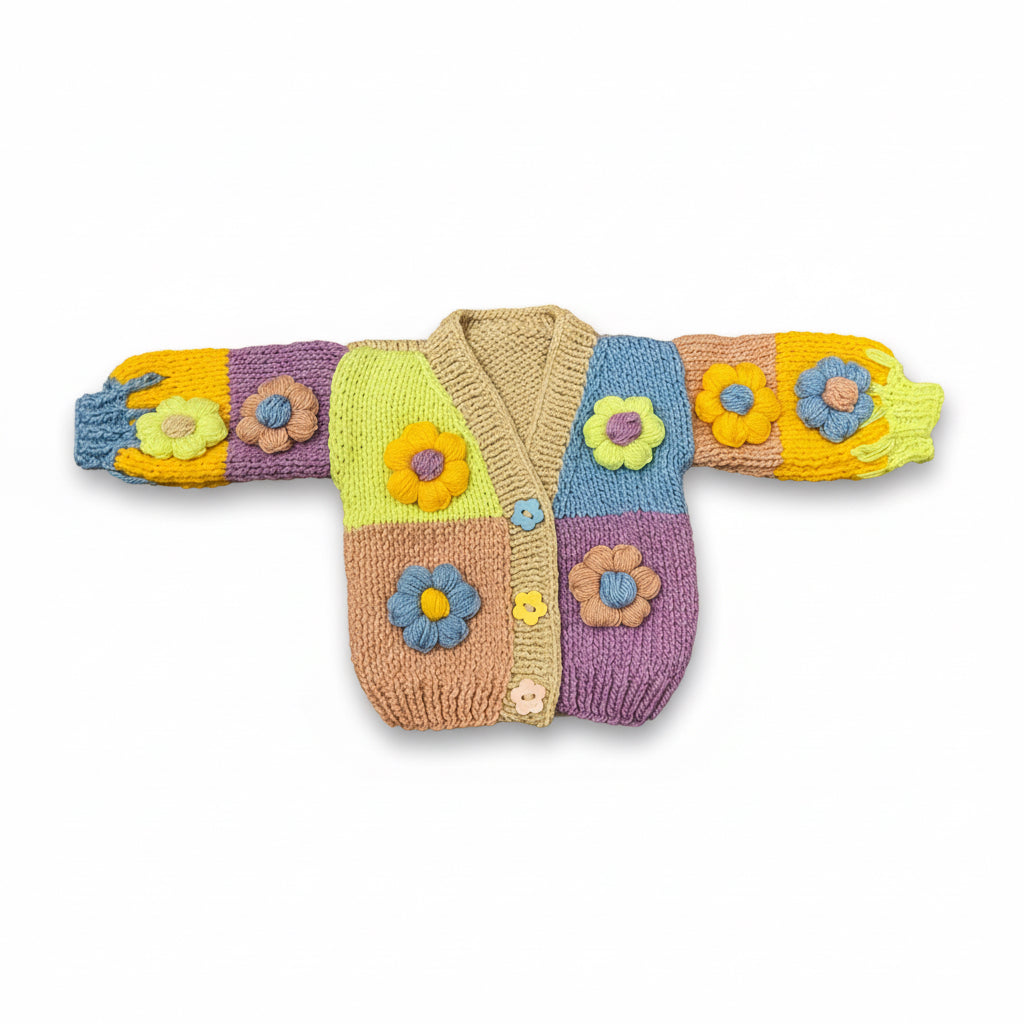 Handmade Crochet Baby Cardigan Color Block & Flower Design