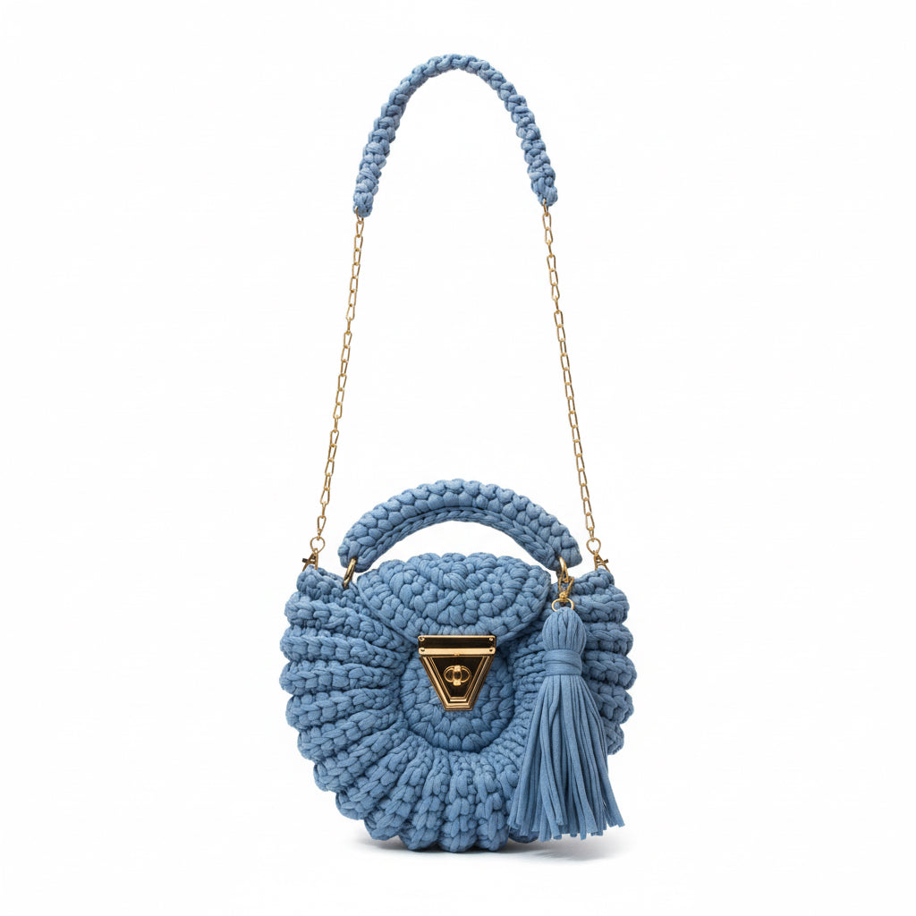 Handmade Round Crochet Bag | Blue | Chain Strap & Tassel Detail